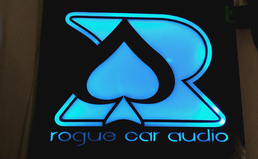 Rogue audio wall plaque. 1'x1' with subtle RGB led backlighting